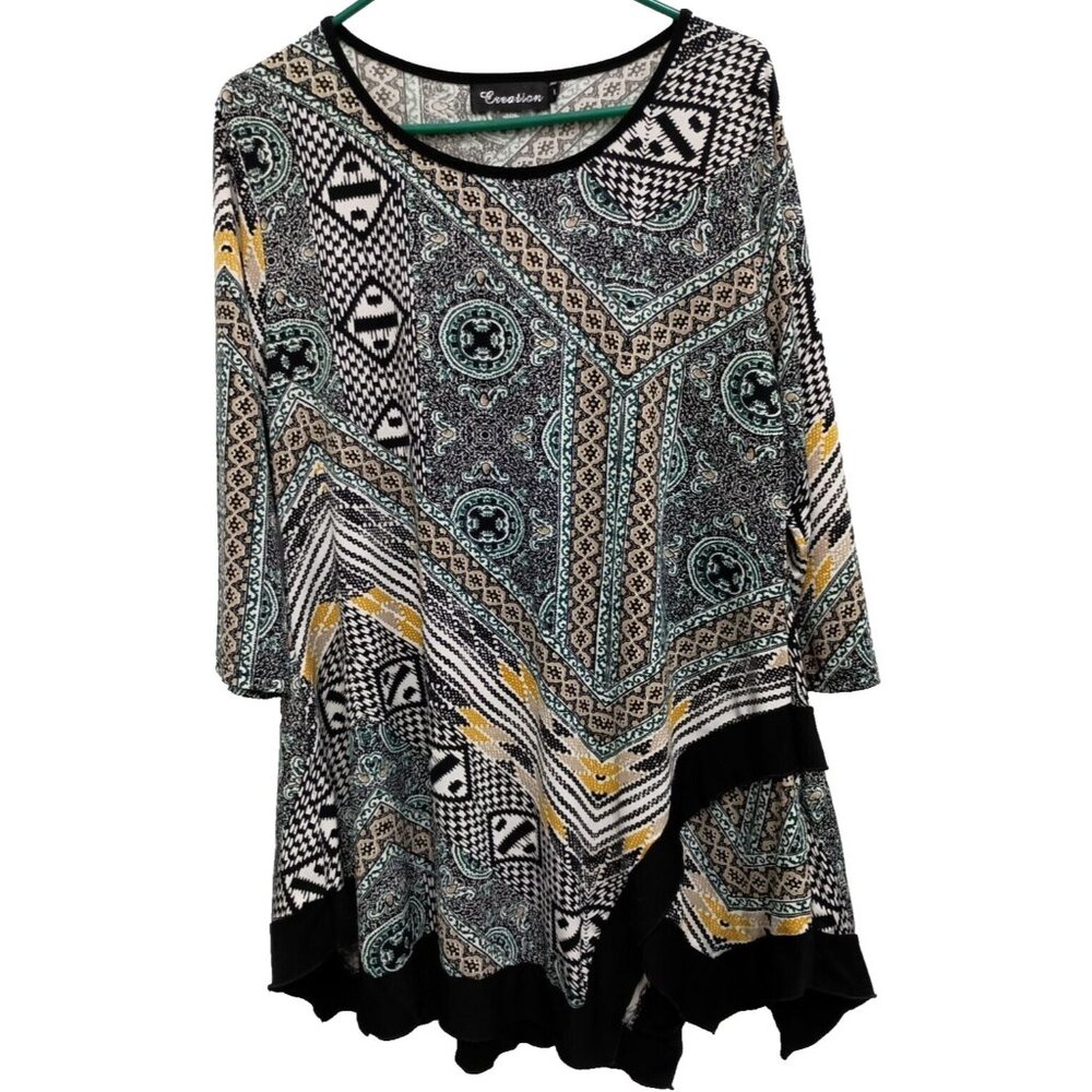 Creation‎ Wearable Art BOHO Tunic Top Large Abstract 3/4 Sleeve Asymmetrical